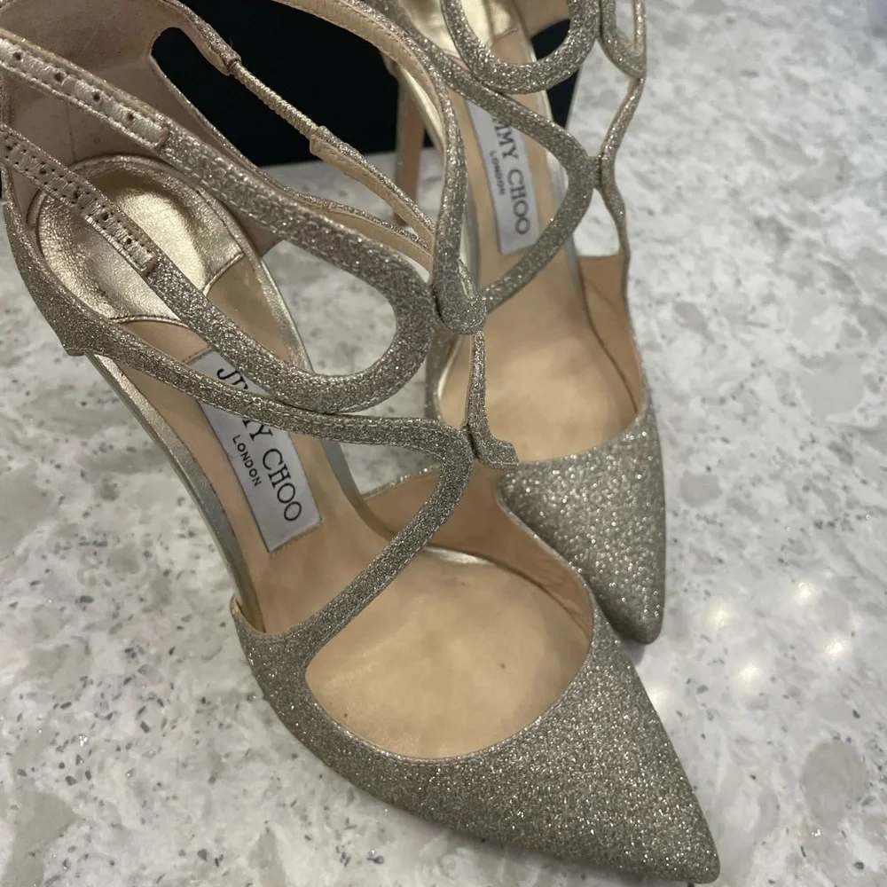 AUTHENTIC Jimmy Choo Platinum Dusty Glitter accent pumps 37.5 - Picture 3 of 6